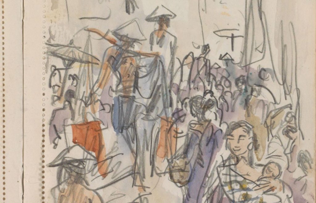 Indonesiërs op een straat, Marius Bauer, 1925, in the public domain and available from the Rijksmuseum at http://hdl.handle.net/10934/RM0001.COLLECT.552273
